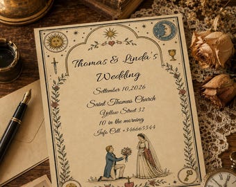 タロットカードの結婚式招待状テンプレート、ヴィンテージ風の天体モチーフの結婚式招待状、編集可能なCanva結婚式招待状、神秘的な結婚式カード