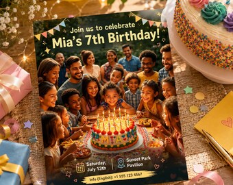 誕生日パーティー招待状テンプレート、編集可能な誕生日招待状、子供向け招待状、家族向け誕生日パーティー招待状、Canvaテンプレート、即時ダウンロード