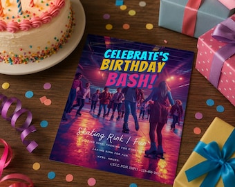 アイススケート誕生日招待状テンプレート｜氷上誕生日パーティー招待状｜編集可能な冬の誕生日招待状｜アイスリンクパーティー招待状