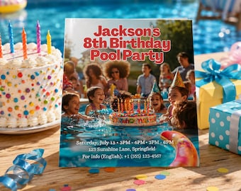 編集可能なプールパーティー招待状、夏の誕生日用Canvaテンプレート（デジタルダウンロード）