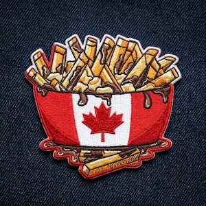 May include: An embroidered patch featuring a bowl of poutine with golden brown fries, white cheese curds, and brown gravy. The bowl is designed with the red and white colors of the Canadian flag and a central red maple leaf. Brown gravy drips over the sides.
