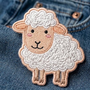 May include: An embroidered patch shaped like a sheep with white wool, a peach-colored face, small black eyes, a black stitched mouth, and pink cheeks. The sheep has two ears, four legs, and a textured appearance created by dense white thread stitching.