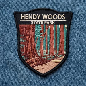 Hendy Woods State Park Embroidered Patch, California Redwood Forest Souvenir Badge, Nature Iron-on Patch, Outdoor Adventure Apparel