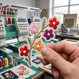 May include: An embroidered fabric patch featuring a floral design with a central green stem and leaves. The patch displays five flowers in distinct colors: red, pink, purple, orange, and a second red flower, all set against a cream-colored background.