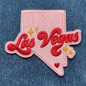 Las Vegas Nevada State Shape Embroidered Patch, Pink Retro Iron-on Badge, Sin City Souvenir, Travel Apparel Accessory