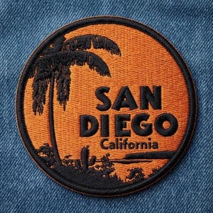 San Diego California Round Embroidered Patch, Palm Tree Sunset Souvenir Iron-on Badge, Coastal Travel Apparel Accessory