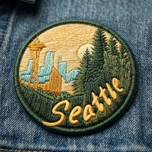 May include: A circular embroidered patch featuring a landscape of Seattle with the Space Needle, city skyline, and evergreen trees in shades of green, tan, and light blue. The word Seattle is stitched in yellow cursive across the bottom.