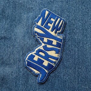 New Jersey State Shape Embroidered Patch, Blue Typography Iron-on Badge, Garden State Souvenir, Apparel Accessory
