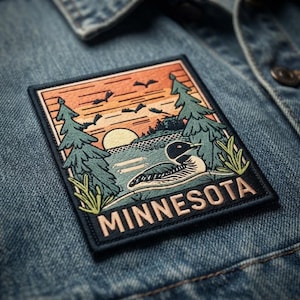 May include: A square embroidered patch attached to a blue denim jacket. The patch features a loon swimming on a lake, pine trees, a sun, and birds against an orange sky. The word MINNESOTA is stitched in large, light-colored capital letters.