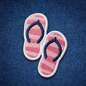 Pink Striped Flip Flops Embroidered Patch, Summer Beach Sandals Iron On Badge, Vacation Gift