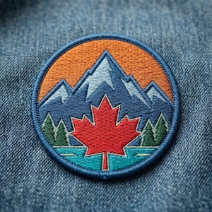 May include: A circular embroidered patch featuring a large red maple leaf in the foreground, set against a landscape of green pine trees, a light blue lake, and dark blue mountain peaks under a solid orange sky, all bordered by a blue stitched edge.