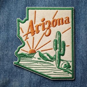 Arizona State Shape Embroidered Patch, Desert Cactus Sunset Iron-on Badge, Grand Canyon State Souvenir, Travel Apparel Accessory