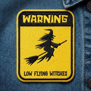 Warning Low Flying Witches Embroidered Patch Iron On Sew On Halloween Witch Badge for Jackets Hats Backpacks