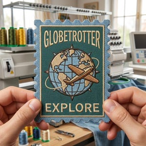 May include: A rectangular embroidered patch with a light blue scalloped border. The center features a dark green background with the text GLOBETROTTER at the top and EXPLORE at the bottom. A tan globe and airplane graphic sits between the text.