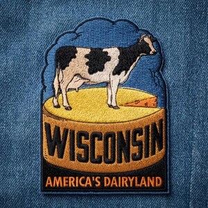 Wisconsin America's Dairyland Embroidered Patch, Dairy Cow on Cheese Iron-on Badge, State Souvenir Apparel Accessory
