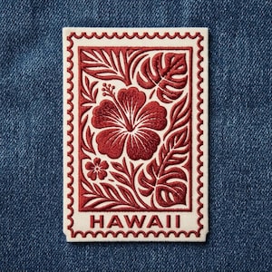 Hawaii Vintage Postage Stamp Embroidered Patch Hibiscus Monstera Tropical Flower Badge Sew On Iron On Souvenir for Clothing Bags Jackets