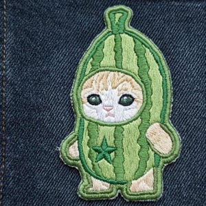 May include: An embroidered patch featuring a light orange and white kitten wearing a green watermelon-shaped costume. The costume has dark green vertical stripes and a small dark green star on the front. The kitten has large dark eyes.