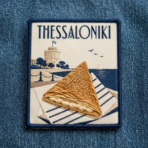 May include: A rectangular embroidered patch featuring the text THESSALONIKI in dark blue. The design depicts a white tower, a blue sea with a small boat, and a golden-brown triangular pastry with sesame seeds resting on a striped napkin.