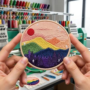 May include: A circular embroidered patch featuring a landscape scene with a red sun, layered mountains in shades of yellow, orange, and green, and a dark purple forest of pine trees at the base, accented with small white embroidered star shapes.