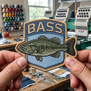 May include: A shield-shaped embroidered patch featuring a green bass fish centered on a light blue background. The word BASS is stitched in gold thread at the top, and the entire patch is bordered by a thick, gold-colored stitched edge.