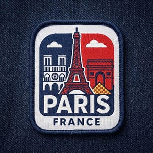 May include: A rectangular embroidered patch with rounded corners featuring a split blue and red background. It depicts the Eiffel Tower, Notre Dame, the Arc de Triomphe, and the Louvre pyramid in white and red. The text PARIS FRANCE is in white.
