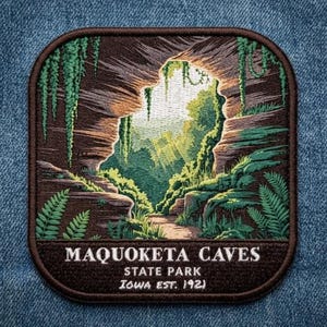 Maquoketa Caves State Park Embroidered Patch, Iowa Travel Souvenir Badge, Nature Iron-on Patch, Outdoor Adventure Apparel Accessory