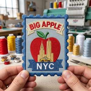 May include: A rectangular embroidered patch with a blue scalloped border. The design features a red apple with a green leaf, gold skyscrapers, a yellow taxi, and the text BIG APPLE and NYC on a light gray background with a blue border.