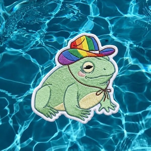 May include: An embroidered patch featuring a light green frog with a cream-colored belly and pink cheeks. The frog wears a wide-brimmed hat with horizontal stripes in rainbow colors, secured by a thin brown string tied under its chin.
