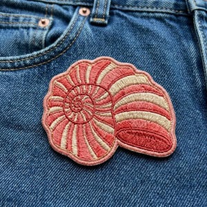 Pink Seashell Embroidered Iron-On Patch, Spiral Shell Applique for Beach Clothing, Backpack Accessory