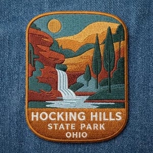 Hocking Hills State Park Embroidered Patch, Ohio Travel Souvenir Badge, Waterfall Iron-on Patch, Outdoor Adventure Apparel Accessory