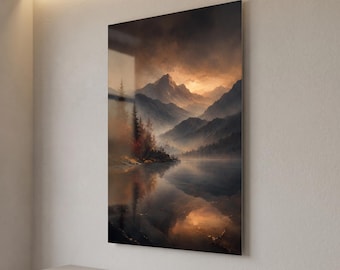 Bergsjö Solnedgång Landskap Reflektion Natur Väggkonst i härdat glas