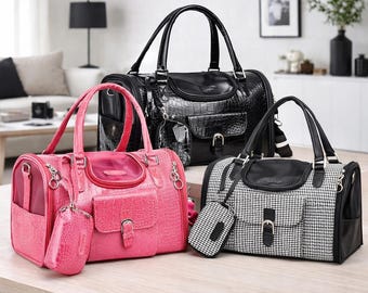 Set di lusso per il trasporto di animali domestici: elegante borsa da viaggio per cani e gatti.