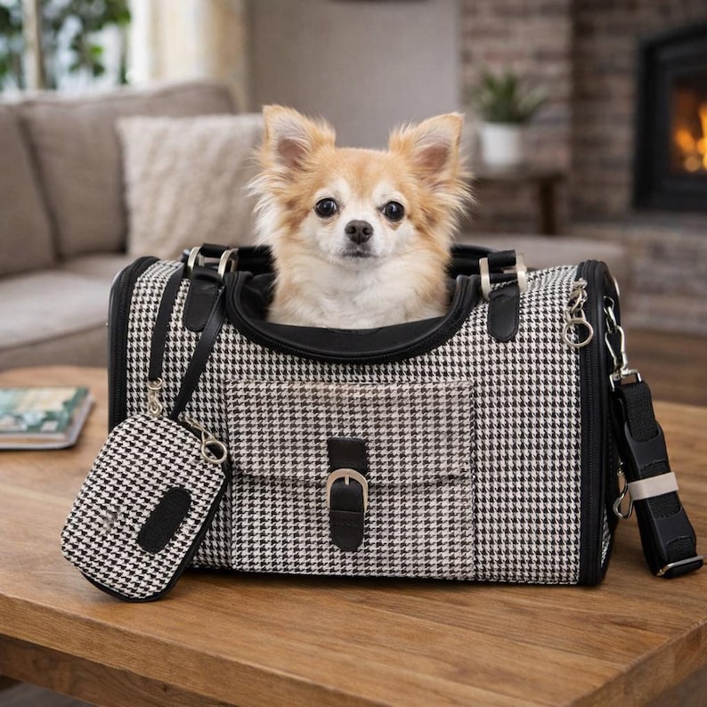 May include: A small, light brown and white Chihuahua dog peeks out of a black and white houndstooth patterned pet carrier. The carrier has black leather accents, a matching pouch, and a shoulder strap. The carrier sits on a wooden table.