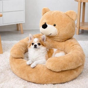 Pu&ograve; includere: Un letto per animali a forma di orsacchiotto marrone con un cagnolino all'interno. Il letto ha una base rotonda e una testa e braccia di orso. Il cane &egrave; bianco e marrone, sdraiato comodamente nel letto.