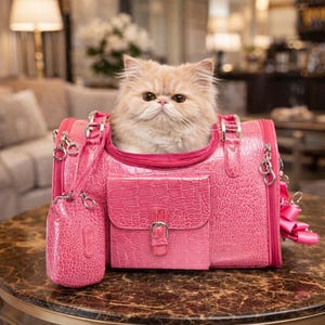 May include: A fluffy, light-colored cat peeks out of a bright pink pet carrier. The carrier has a textured, crocodile-like pattern, a small matching pouch, and silver-toned hardware. The carrier is on a marble-like surface.
