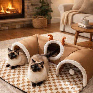 Cama túnel acogedora para gatos con tabla de tallas y alfombra de juego de felpa.