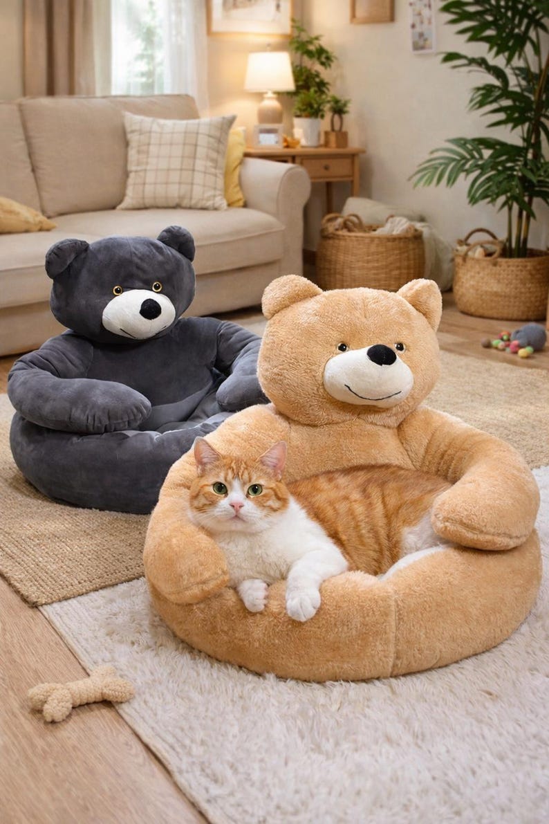 Pu&ograve; includere: Due letti per animali domestici a forma di orsacchiotto, uno grigio e uno beige, sono su un tappeto. Un gatto con pelo arancione e bianco riposa nel letto beige. I letti hanno una base rotonda e schienali a forma di testa di orso.