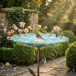 Vasca da bagno in ferro battuto a forma di uccello, ciotola in resina a ventaglio smaltata a mano, decorazione da giardino.