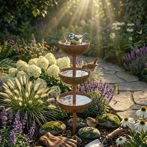 Este colector de agua de lluvia multicapa, con su efecto envejecido y oxidado, es la opción perfecta para un jardín de estilo rústico.