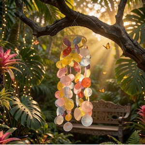 Campanelli a vento fatti a mano in conchiglia di capiz, decorazioni boho, ideali per il giardino e il portico.