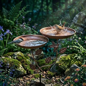 May include: A two-tiered, bronze-colored bird bath with two small birds. The bird bath has a decorative hummingbird and leaf design. The bird bath is set in a lush garden with green foliage and colorful flowers.