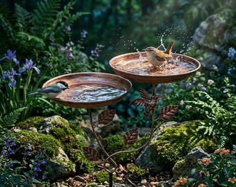 Double Layer Copper Bird Bath, Vintage Hummingbird Leaf Garden Decor