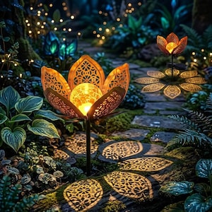 May include: Decorative solar-powered garden lights shaped like flowers. The lights have intricate cut-out patterns and emit a warm, yellow glow. The lights are set along a stone pathway surrounded by lush greenery, creating a magical ambiance.