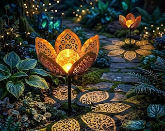 Solar Powered Lotus Garden Light, Metal Floral Lantern, Outdoor Bohemian Decor