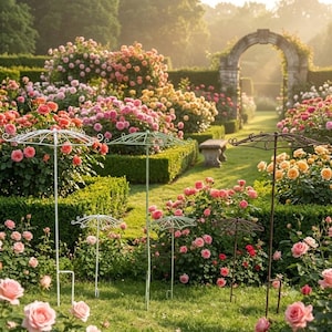 Speelse metalen parasolstokken om klimrozen te ondersteunen en je tuin te verfraaien.