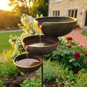 Op de afbeelding: Een gelaagde buitenvontijn met drie bronskleurige kommen. Water stroomt van de bovenste kom naar beneden, waardoor een rustgevend effect ontstaat. De fontein staat in een tuin met weelderig groen en bloemen.