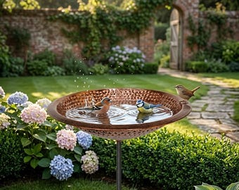 Hammered Copper Bird Bath Tub, Freestanding Garden Decor, Weatherproof Metal Bowl