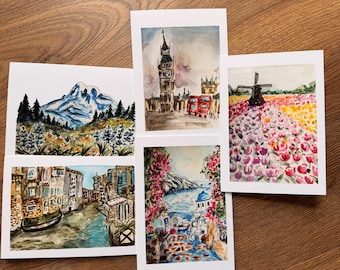 5x7 Handmade Watercolor Blank Greeting Cards: Destinations
