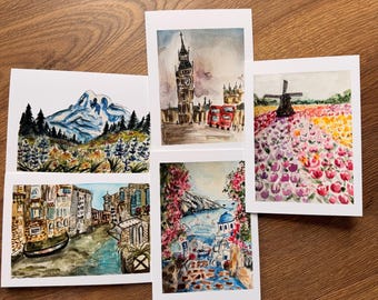 5x7 Handmade Watercolor Blank Greeting Cards: Destinations
