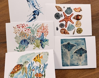 5x7 Handmade Watercolor Blank Greeting Cards: Ocean Life